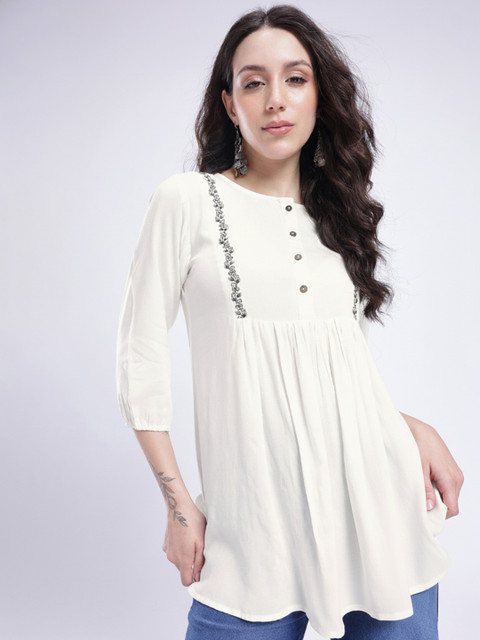 fusion by glitchez Floral Embroidered Pleated Detailed A-Line Kurti