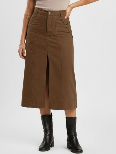 The Roadster Lifestyle Co Pure Cotton Straight Midi Skirt With Front Slit