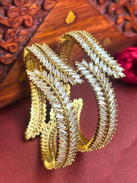 VIVAZS Set Of 2 Gold-Plated Cubic Zirconia & American Diamond-Studded Bangles