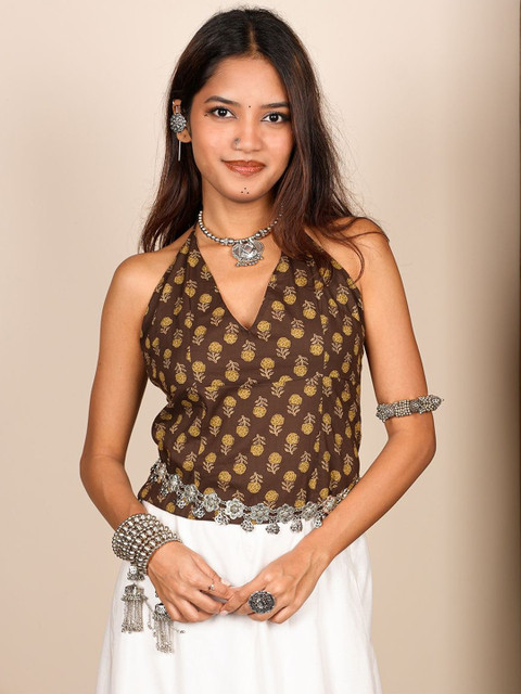 NISHORAMA Floral Print Halter Neck Cotton Top