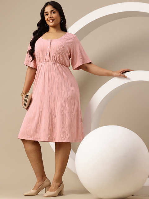 Sztori Plus Size Flared Sleeves Pleated Knee Length Fit & Flare Dress