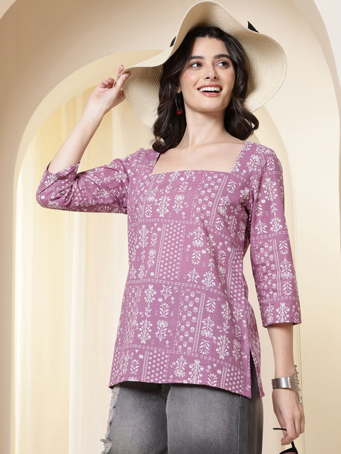 Anouk Rustic Ethnic Motifs Printed Square Neck Pure Cotton Kurti