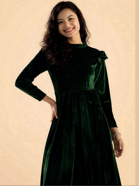 DressBerry Ruffled Velvet Fit & Flare Midi Dress