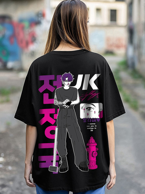 Bewakoof Black 3D BTS Graphic Printed Drop-Shoulder Sleeves Oversized Cotton T-shirt