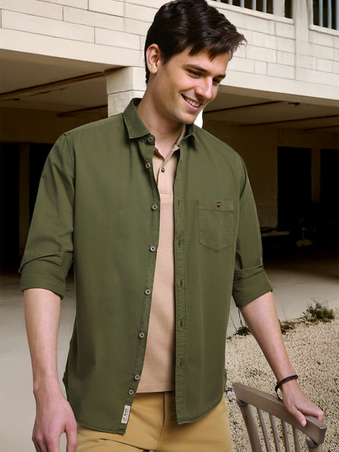Louis Philippe Jeans Men Olive Green Slim Fit Solid Casual Shirt