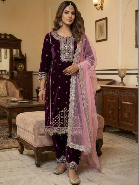 CARTYSHOP Women Ethnic Motifs Embroidered Regular Velvet Kurta with Trousers & With Dupatta