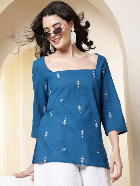 Anouk Rustic Ethnic Motifs Printed Square Neck Pure Cotton Kurti