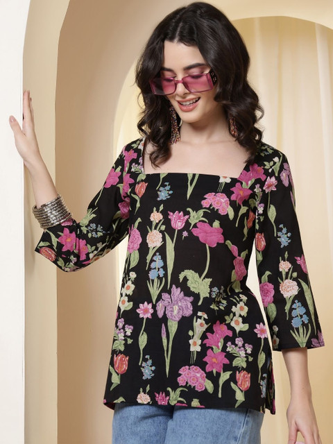 Anouk Rustic Floral Printed Square Neck Pure Cotton Kurti
