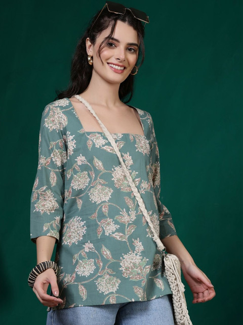 Anouk Rustic Floral Printed Square Neck Pure Cotton Kurti