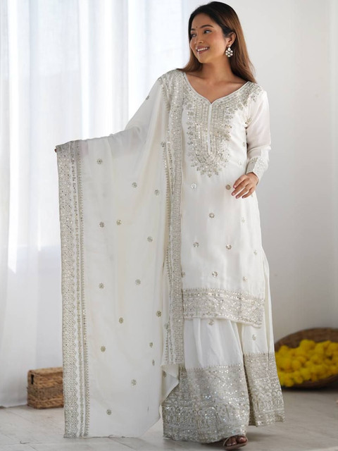 CARTYSHOP Women Ethnic Motifs Embroidered Regular Sequinned Kurta with Sharara & With Dupatta