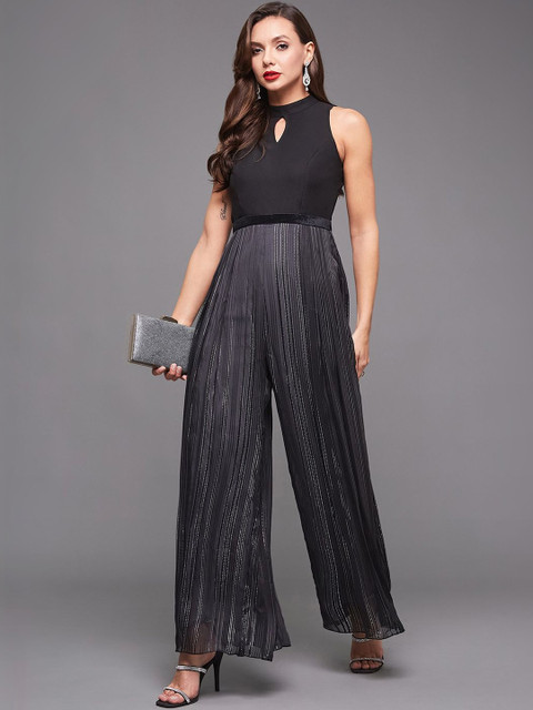 Miss Chase Halter Neck Sleeveless Striped Pleated Georgette Jumpsuit