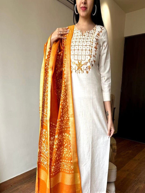 TRAHIMAM Women Ethnic Motifs Embroidered Regular Thread Work Pure Cotton Kurta with Trousers & With Dupatta