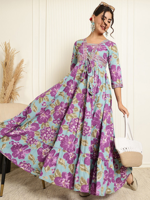 Sangria Floral Printed Pure Cotton V-Neck Maxi Gown Ethnic Dress
