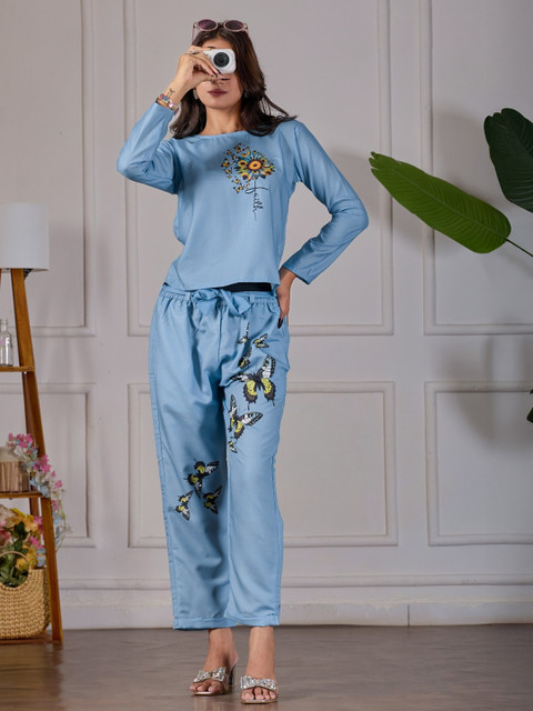 Moda Rapido Butterfly Printed Round Neck Tunic With Trousers Co-Ords