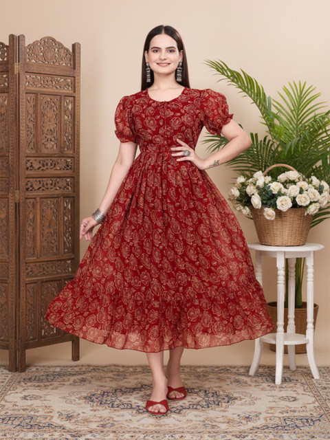 Anouk Floral Print Puff Sleeve Georgette Fit & Flare Midi Dress