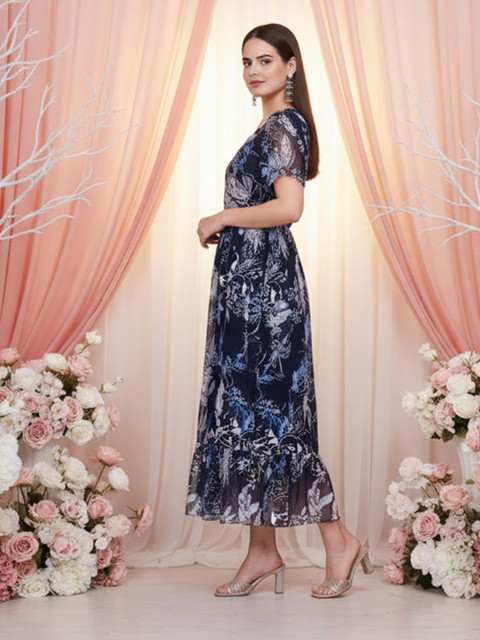 Anouk Floral Print Puff Sleeve Georgette A-Line Midi Dress - Image 5