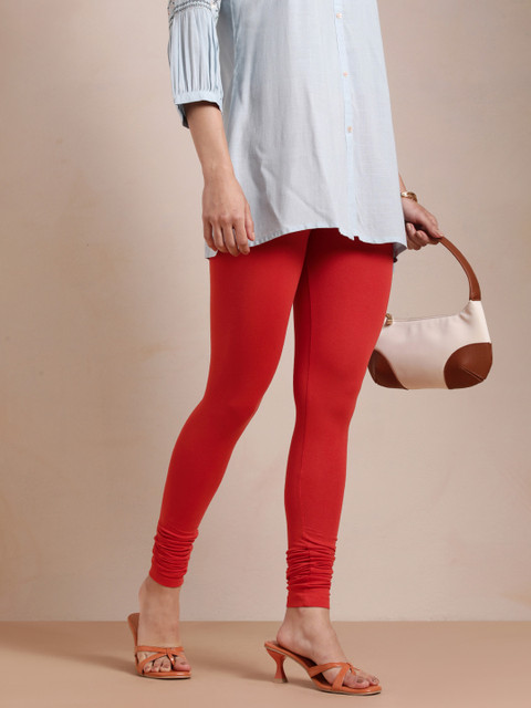 TWIN BIRDS Women Red Solid Churidar-Length Leggings - Image 2