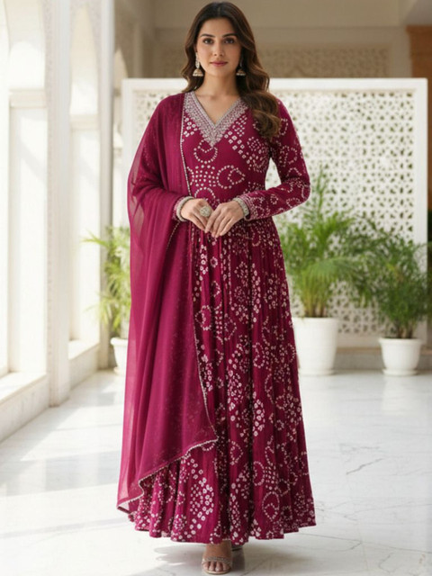 Tulip Eden Women Bandhani Printed Indie Prints Anarkali Kurta