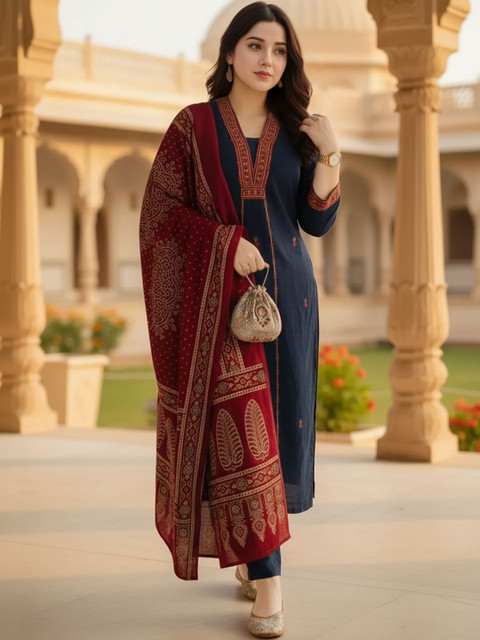 SZN Women Ethnic Motifs Embroidered Regular Thread Work Kurta with Trousers & With Dupatta