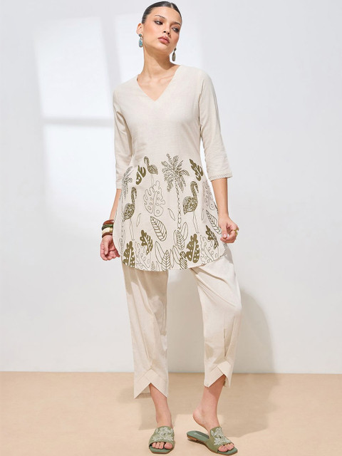 KALINI Floral Printed V-Neck Pure cotton Tunic With Trousers Co-Ords
