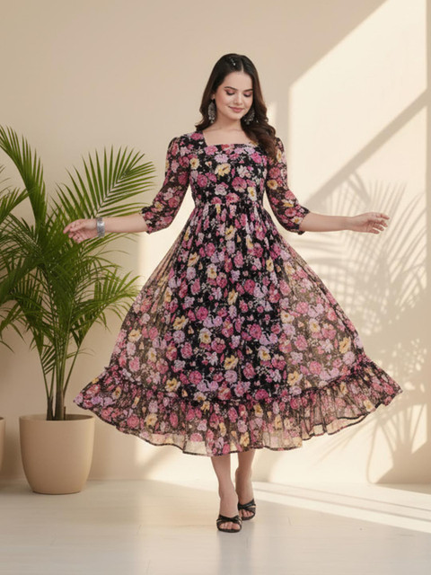 Anouk Floral Print Georgette Fit & Flare Maxi Dress