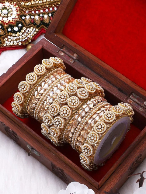 BeautyTrends Set Of 2 Gold-Plated Stones Studded & Beads Bangles