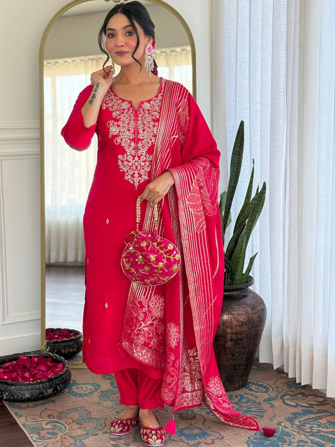 JANOI Women Ethnic Motifs Embroidered Regular Thread Work Kurta with Salwar & With Dupatta