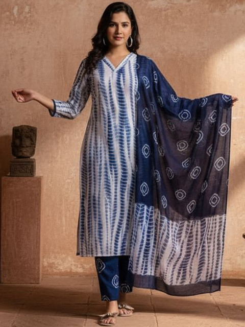 Anouk Rustic Women Dyed Regular Thread Work Pure Cotton Kurta with Trousers & With Dupatta