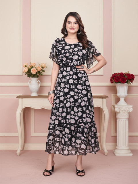 Anouk Floral Print Flutter Sleeve Ruffled Georgette Fit & Flare Midi Dress