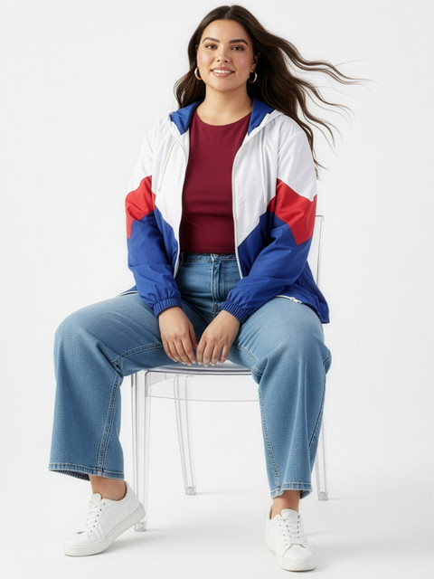 DressBerry Curve Plus Size Colourblocked Hooded Bomber Jacket