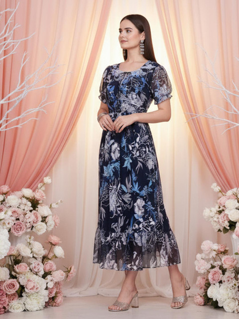 Anouk Floral Print Puff Sleeve Georgette A-Line Midi Dress - Image 3