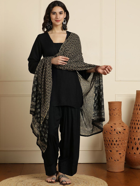 Anouk Embroidered Straight Kurta with Farshi Salwar & Dupatta