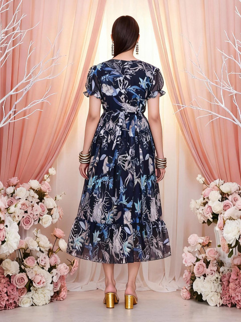 Anouk Floral Print Puff Sleeve Georgette A-Line Midi Dress - Image 4