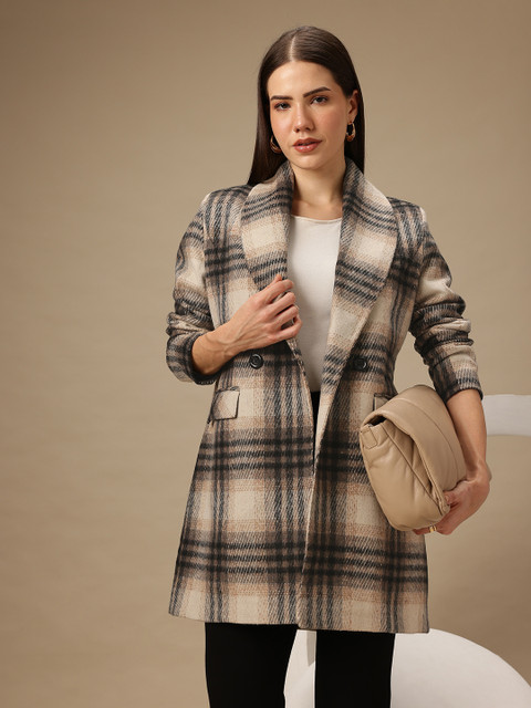 Chemistry Checked Notched Lapel Collar Double-Breasted Flannel Overcoat