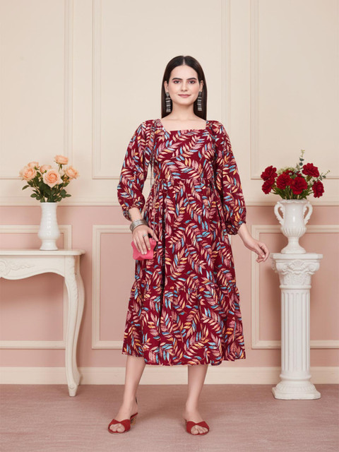 Anouk Floral Print Puff Sleeve Georgette Fit & Flare Midi Dress