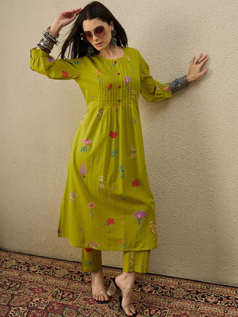 Indo Era Women Floral Embroidered Regular Thread Work Pure Cotton Kurta with Trousers