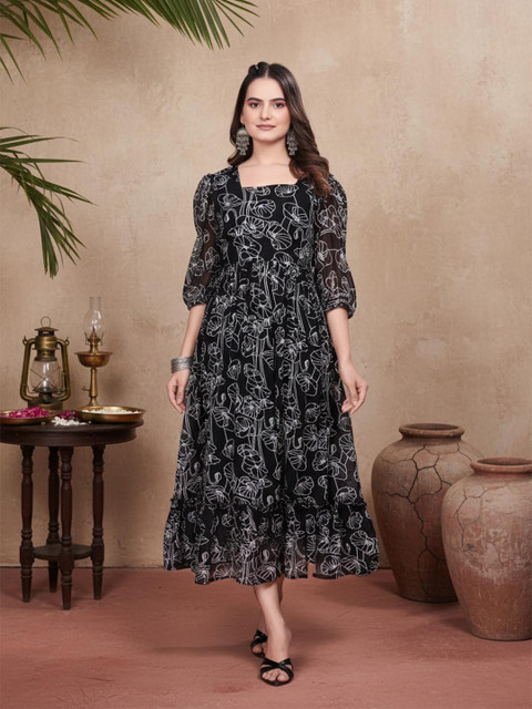 Anouk Floral Print Flutter Sleeve Ruffled Georgette A-Line Maxi Dress