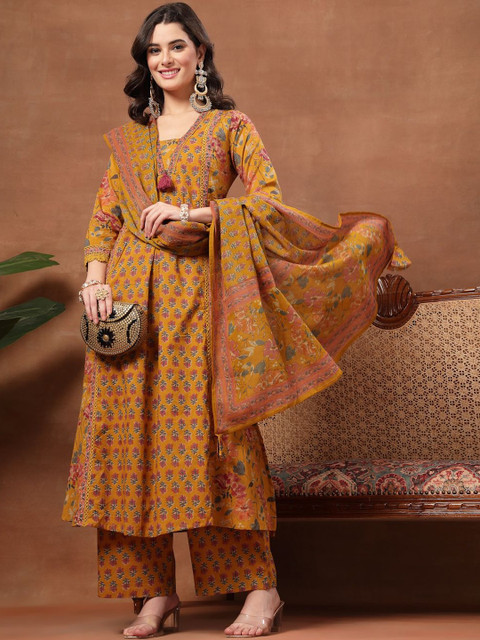 GULMOHAR JAIPUR Women Floral Printed Regular Pure Cotton Kurta with Palazzos & With Dupatta