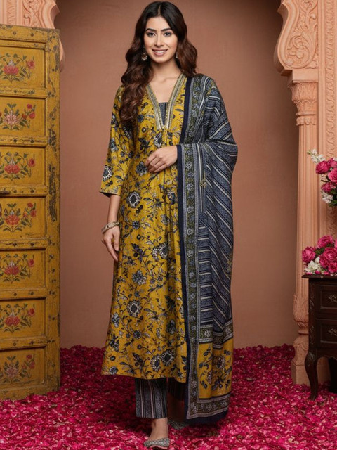 Anouk Rustic Women Floral Printed Regular Sequinned Pure Cotton Kurta with Trousers & With Dupatta