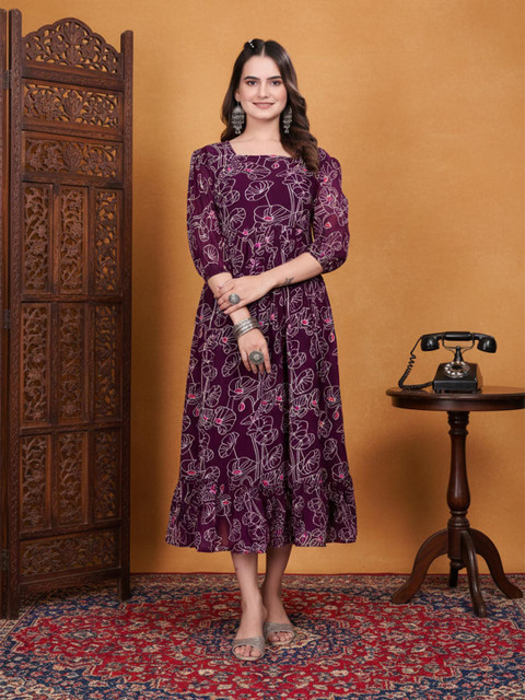 Anouk Floral Print Georgette Fit & Flare Midi Dress