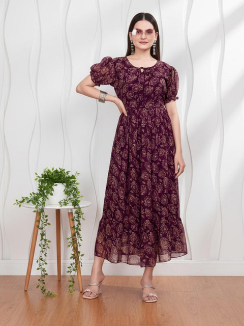 Anouk Floral Print Keyhole Neck Puff Sleeve Georgette Fit & Flare Midi Dress