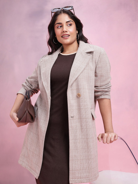 DressBerry Curve Geometric Self Design Notched Lapel Collar Single-Breasted Overcoat