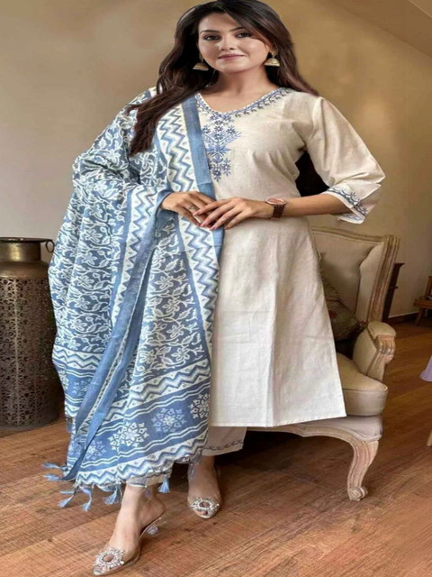 TRAHIMAM Women Ethnic Motifs Embroidered Regular Thread Work Pure Cotton Kurta with Trousers & With Dupatta