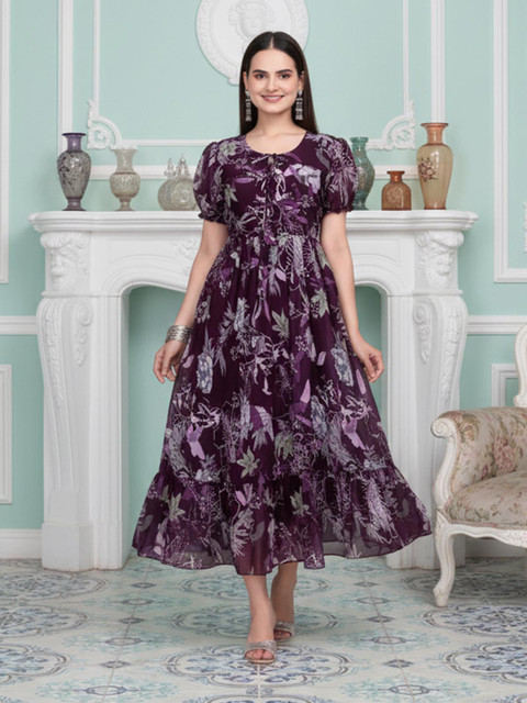 Anouk Floral Print Puff Sleeve Georgette A-Line Midi Dress
