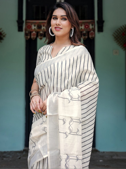 SANISA Ethnic Motifs Linen Blend Designer Saree - Image 5