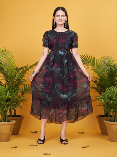 Anouk Print Puff Sleeve Georgette A-Line Midi Dress