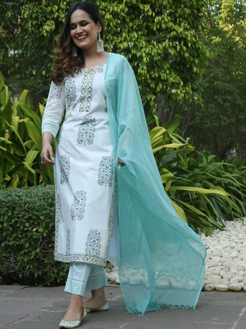 arangya Women Ethnic Motifs Printed Regular Thread Work Kurta with Trousers & With Dupatta