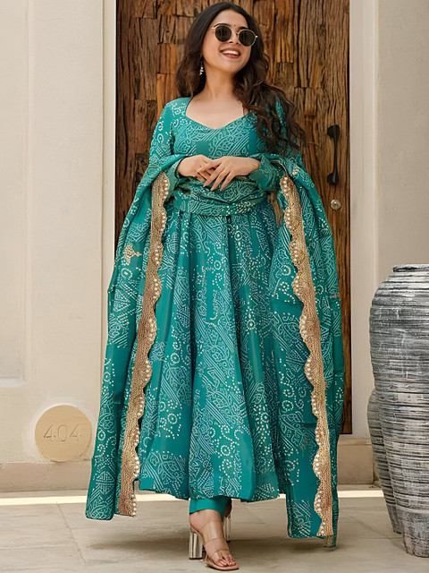 arangya Women Bandhani Printed Panelled Kurta with Trousers & With Dupatta