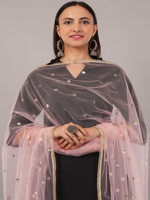 IVAARA Women Embroidered Sequinned Net Dupatta With Lace - Image 5