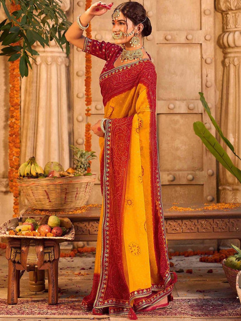SANISA Bandhani Sequinned Poly Georgette Designer Saree - Image 2